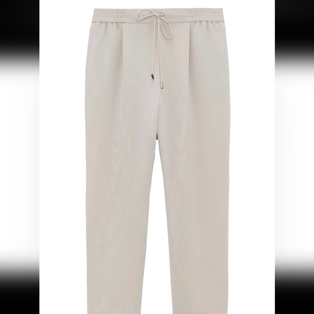 Zara High Waisted Beige Drawstring Pajama Style Ankle Pants XS - Picture 7 of 15